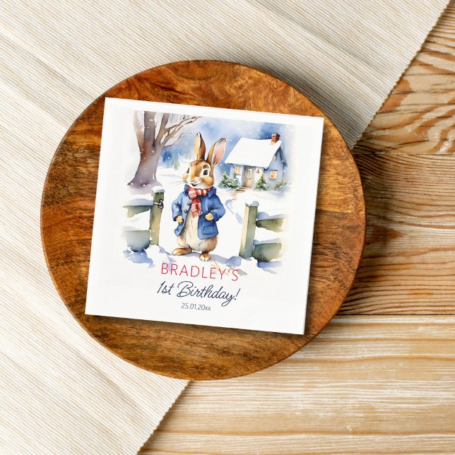 Servilleta De Papel Mantequilla de la fiesta de cumpleaños de invierno (Peter Rabbit winter themed birthday party tableware personalized napkins watercolor cute bunny snowy)