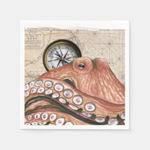 Servilleta De Papel Mapa beige de vintage del pulpo rojo