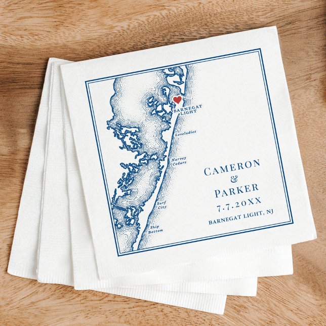 Servilleta De Papel Mapa de Barnegat Light NJ Boda elegante de la Mari (Barnegat Light NJ Wedding Napkins Long Beach Island Jersey Shore Map by Coastal Map Designs)