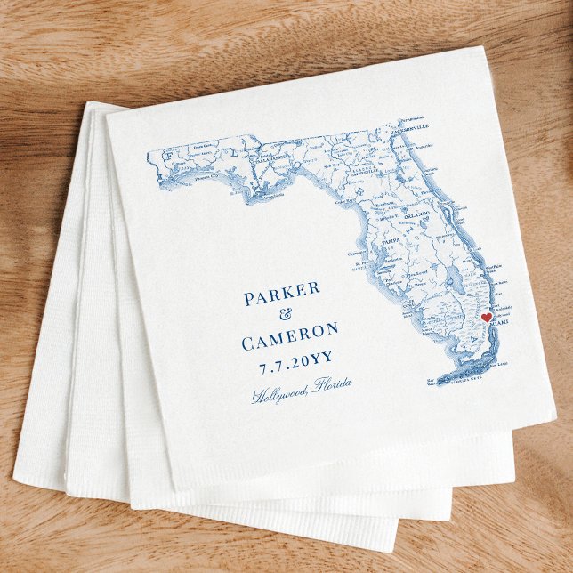Servilleta De Papel Mapa de Hollywood Florida Elegante matrimonio (These elegant Hollywood Florida napkins feature a map of Florida perfect for your reception)