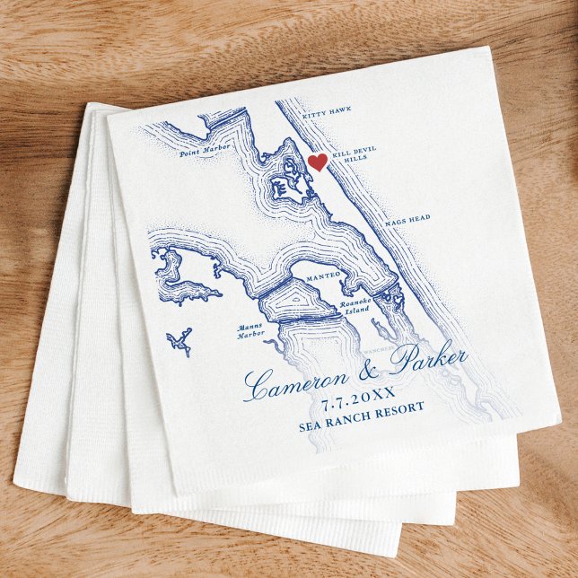 Servilleta De Papel Mapa de Kill Devil Hills Boda OBX Azul Marino (Kill Devil Hills NC Map Navy Blue Outer Banks Wedding Napkins from Coastal Map Designs)