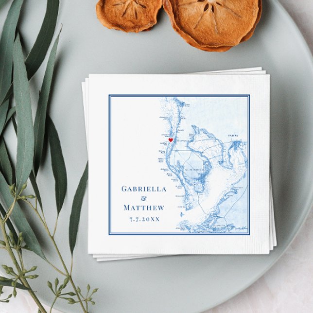 Servilleta De Papel Mapa de la Bahía de Tampa Boda Elegante (Beautiful custom Tampa Bay Wedding cocktail napkins for your reception, shower or engagement party.)