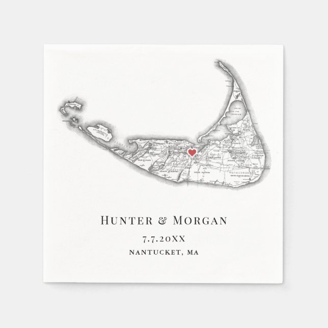 Servilleta De Papel Mapa de MAMÁES de Nantucket Boda blanco y negro el (Anverso)