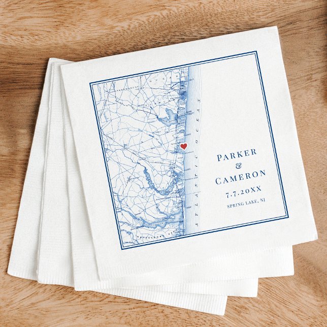 Servilleta De Papel Mapa de primavera en Nueva Jersey (Elegant Spring Lake, New Jersey Wedding Napkins with navy blue map of the Jersey Shore )