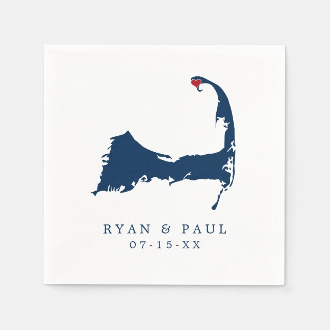 Servilleta De Papel Mapa de Provincetown Cape Cod Corazón Rojo y Azul (Anverso)