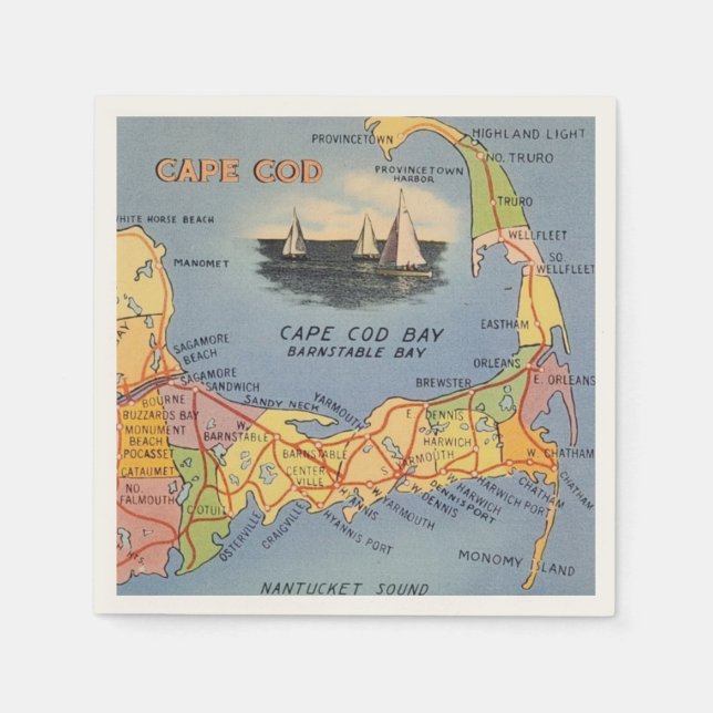 Servilleta De Papel Mapa del antiguo Cabo Cod Massachusetts (Anverso)