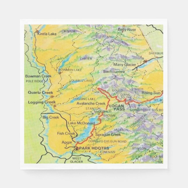 Servilleta De Papel Mapa del Parque Nacional Glaciar (Anverso)