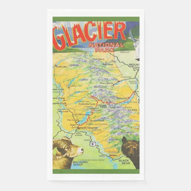 Servilleta De Papel Mapa del Parque Nacional Glaciar (Anverso)