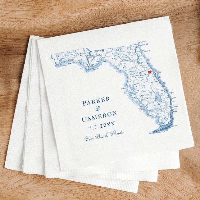 Servilleta De Papel Mapa elegante de Titusville Florida Wedding (Elegant Titusville Florida wedding napkins in navy blue from Coastal Map Designs)