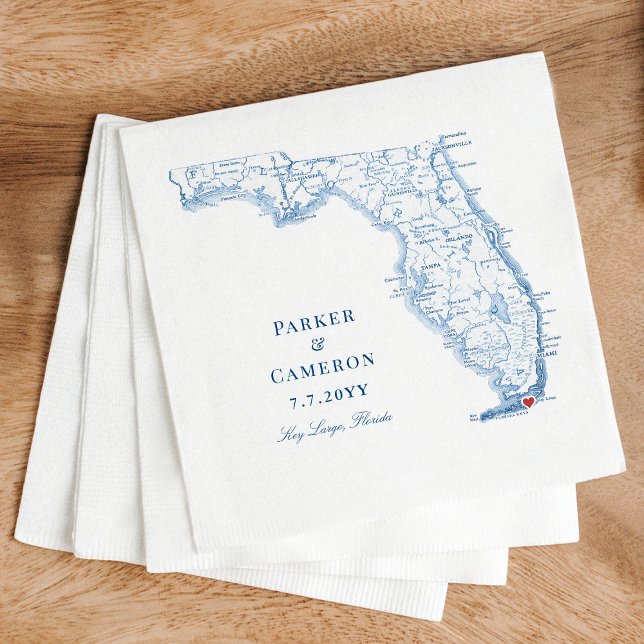 Servilleta De Papel Mapa elegante del mapa de Largo Florida (These Key Largo Florida map wedding napkins add a touch of navy blue elegance to your reception)