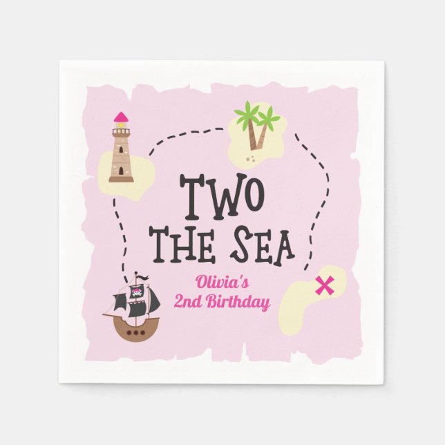 Servilleta De Papel Mapa Pirata Dos al Mar Cumpleaños Rosa (Anverso)