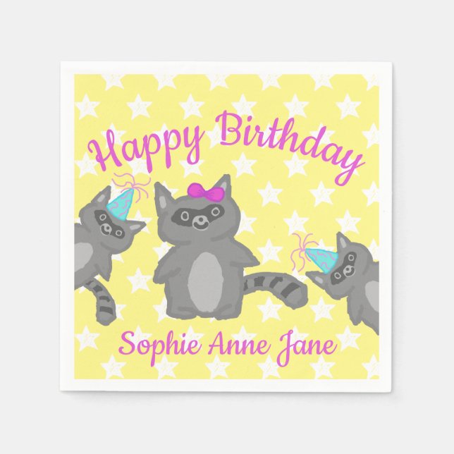Servilleta De Papel Mapache de Cumpleaños Feliz Personalizado con Estr (Anverso)