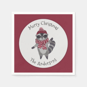 Servilleta De Papel Mapache de Navidad en acuarela gris y rojo lindo
