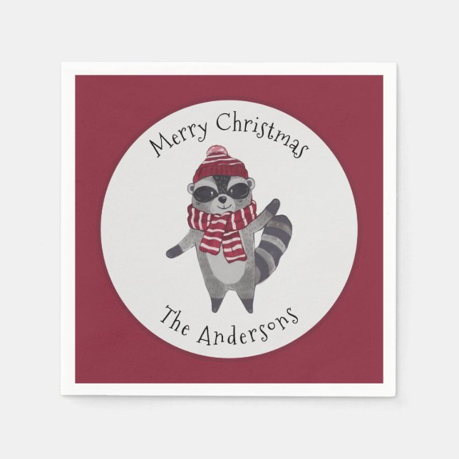 Servilleta De Papel Mapache de Navidad en acuarela gris y rojo lindo  (Anverso)