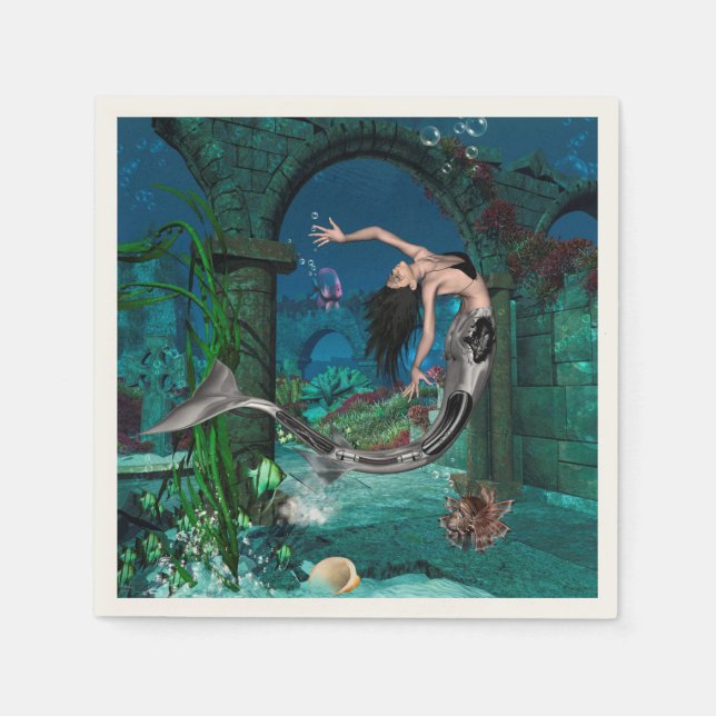 Servilleta De Papel Maravillosa sirena con peces de fantasía (Anverso)