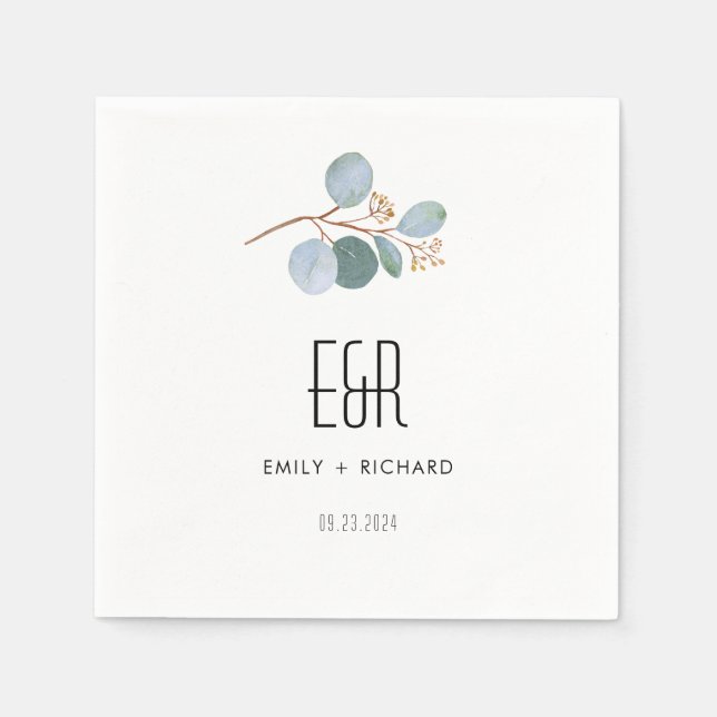 Servilleta De Papel Marco azul de eucalipto verde negro sobre blanco (Anverso)