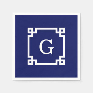 Servilleta De Papel Marco de clave griega blanca de la marina #2 Monog