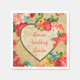 Servilleta De Papel Marco de corazón floral de color de agua retro