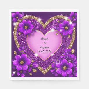 Servilleta De Papel Marco de Corazón Morado con Brillo y Flores