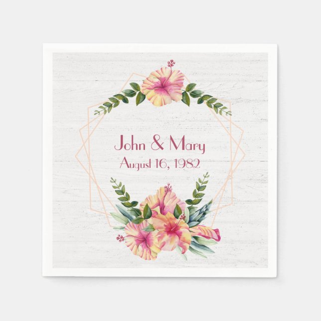 Servilleta De Papel Marco De Hibiscus boda En Madera Blanca (Anverso)