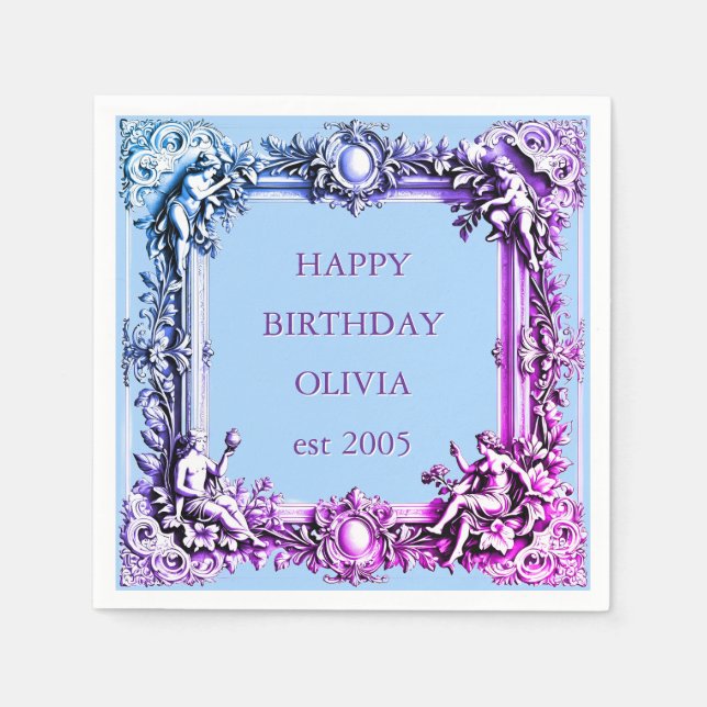 Servilleta De Papel Marco de scroll victoriano personalizado, azul ele (Anverso)