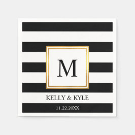 Servilleta De Papel Marco dorado Bandas blancas negras Monograma Boda