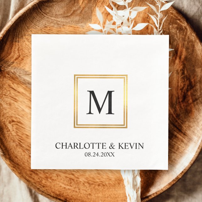 Servilleta De Papel Marco dorado moderno Boda Monograma blanco negro (Modern Gold Frame Black White Monogram Wedding Napkins)