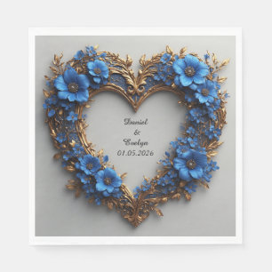 Servilleta De Papel Marco Floral Ornamental de Boda Corazón Flores Azu