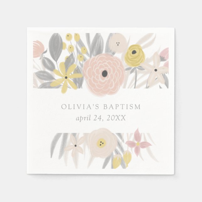 Servilleta De Papel Marco floral rosado de bonito | Bautismo (Anverso)