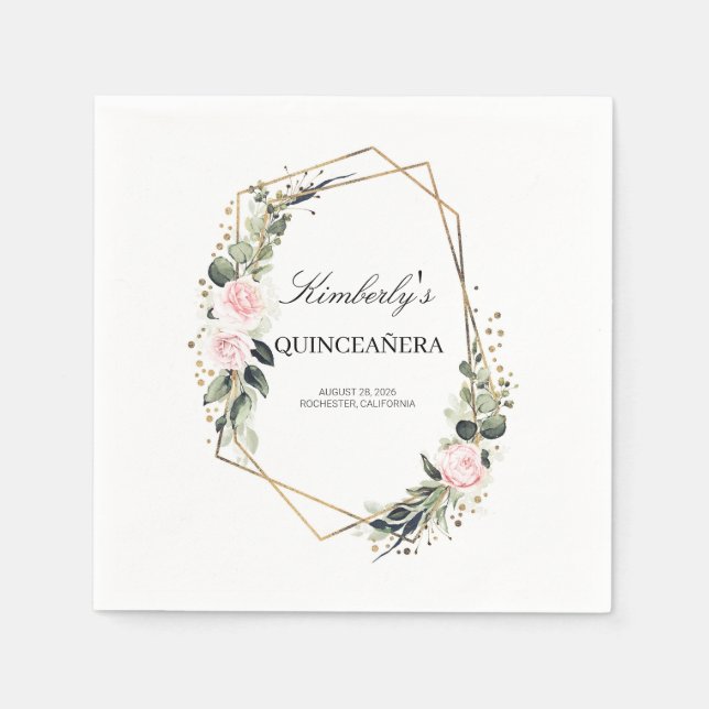 Servilleta De Papel Marco geométrico de oro Quinceanera Cumpleaños (Anverso)