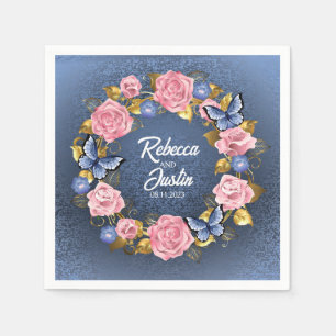 Servilleta De Papel Marco Rosas Florales Modernas Boho Rosa y Azul