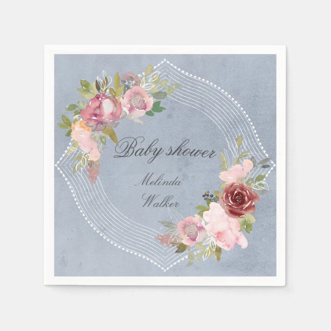 Servilleta De Papel marco rústico burdeos rosa ducha de bebé con flore (Anverso)