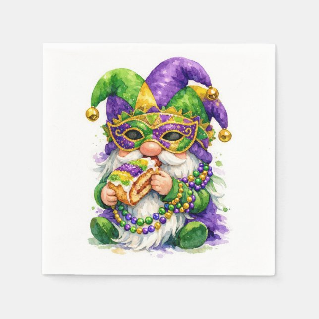 Servilleta De Papel Mardi Gras Gnome Eating King Cake (Anverso)