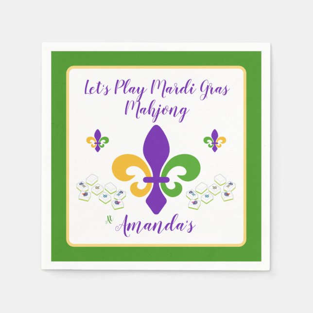 Servilleta De Papel Mardi Gras Mahjong NAME Green Gold Purple Fleur de (Anverso)