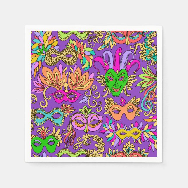 Servilleta De Papel Mardi Gras Maquerade Mask Bright Purple Green (Anverso)