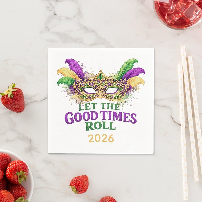 Servilleta De Papel Mardi Gras Masquerade Mask Let The Good Times Roll (Celebrate 2026! Vibrant Mardi Gras napkins—personalize the year and let the good times roll)
