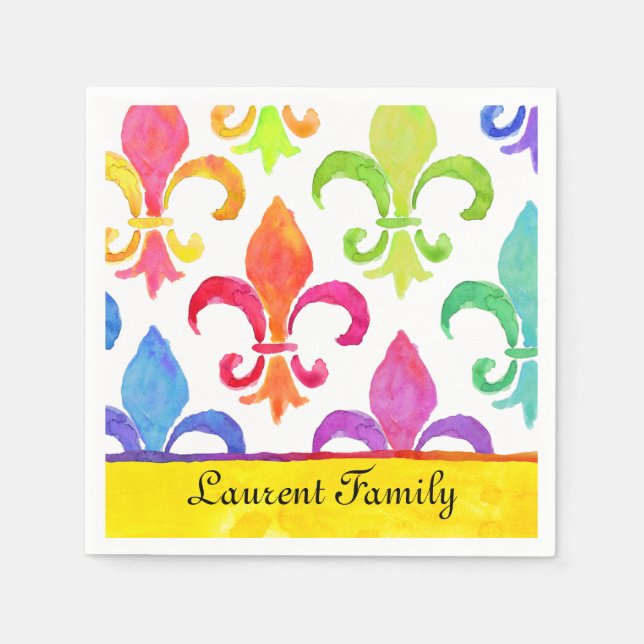 Servilleta De Papel Mardi Gras Rainbow Fleur de lis Name (Anverso)