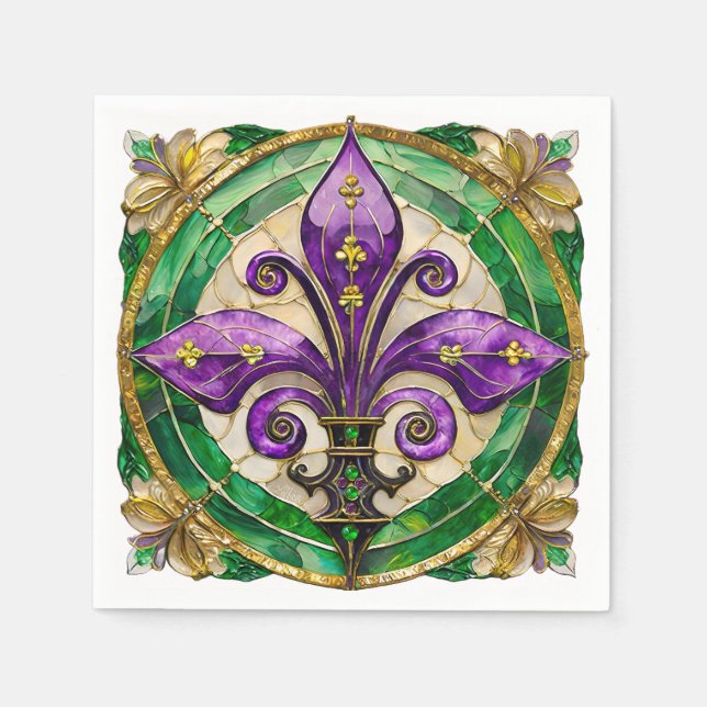 Servilleta De Papel Mardi Gras Stained Glass Fleur de lis  (Anverso)