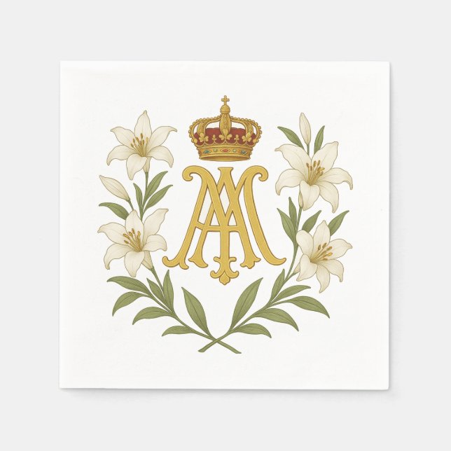 Servilleta De Papel Marian Monogram Gold Crown White Lily Catholic  (Anverso)