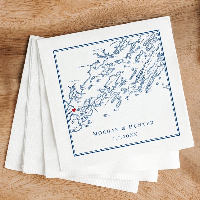 Servilleta De Papel Marina del Mapa de la Bahía de Portland Maine Casc (Casco Bay Map Napkins personalized for a wedding in Portland Maine in elegant navy blue)