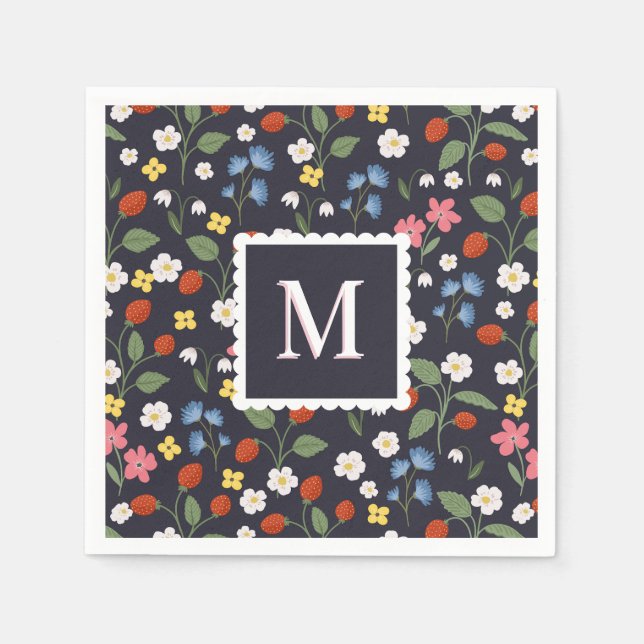 Servilleta De Papel marina monogramada con estampado de fresa silvestr (Anverso)
