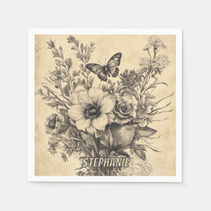 Servilleta De Papel Mariposa Botánica Antigua Herbarium Sepia