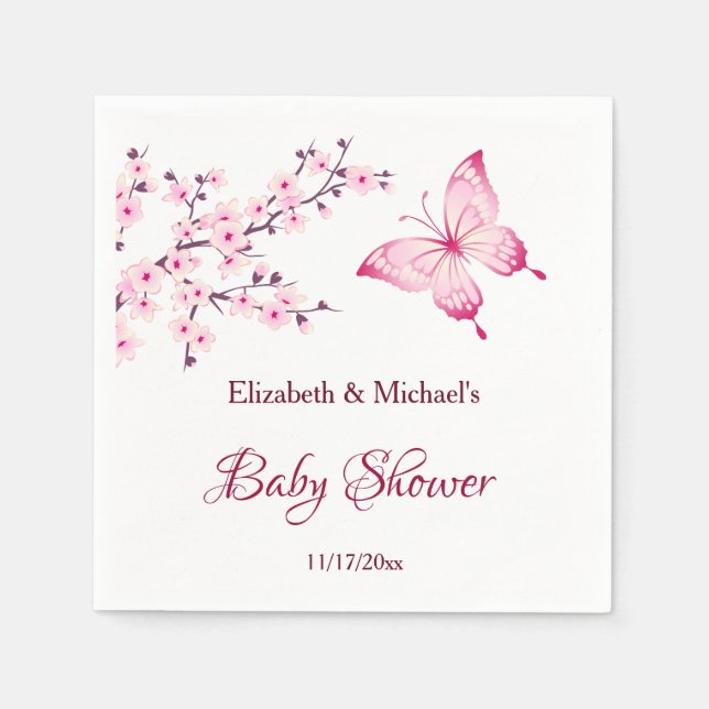 Servilleta De Papel Mariposa cerezo Blossom Baby Shower blanco rosado (Anverso)