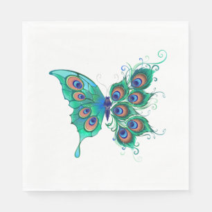 Servilleta De Papel Mariposa con plumas de pavo real verde