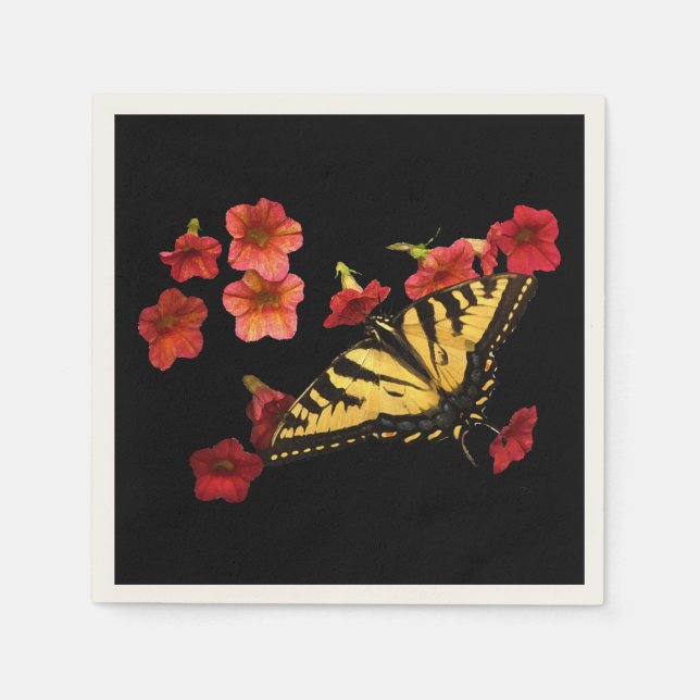 Servilleta De Papel Mariposa de cola cruda tigre sobre flores rojas (Anverso)