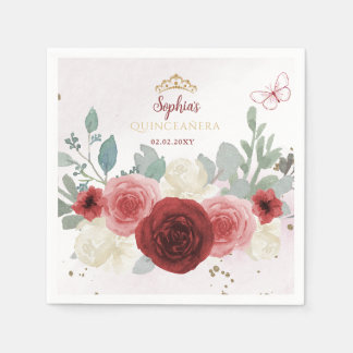 Servilleta De Papel Mariposa de oro de Borgoña Tiara Floral Quinceañer