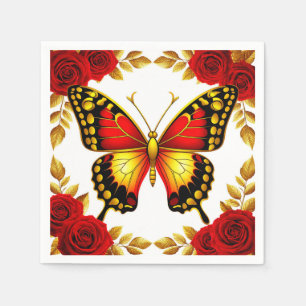 Servilleta De Papel Mariposa Dorada Con Rosas Rojas Y Hojas Doradas