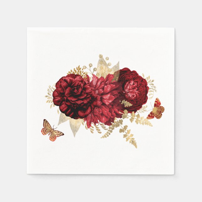 Servilleta De Papel Mariposa floral de oro rojo rosas (Anverso)