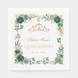Servilleta De Papel Mariposa Floral Esmeralda Tiara Dorada Quinceañera
