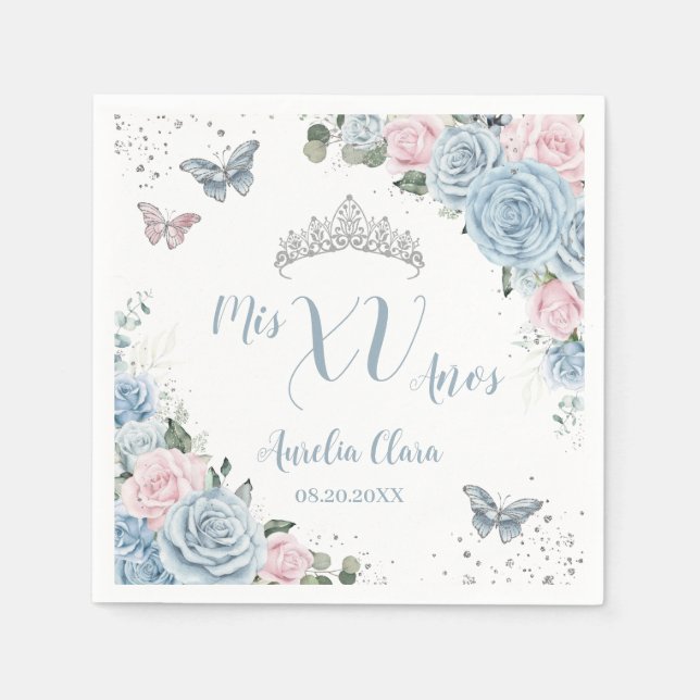 Servilleta De Papel Mariposa Floral Rosa Azul Bebé Quinceañera (Anverso)